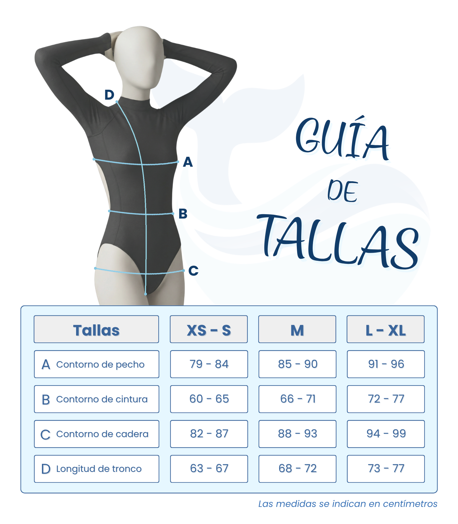 Imagen de un maniquí vistiendo un bañador, modelo espalda abierta, con una tabla de medidas de: A (contorno de pecho); B (contorno de cintura); C (contorno de cadera) y D (longitud de tronco), para ayudarte a escoger la talla que más se adapta a ti.