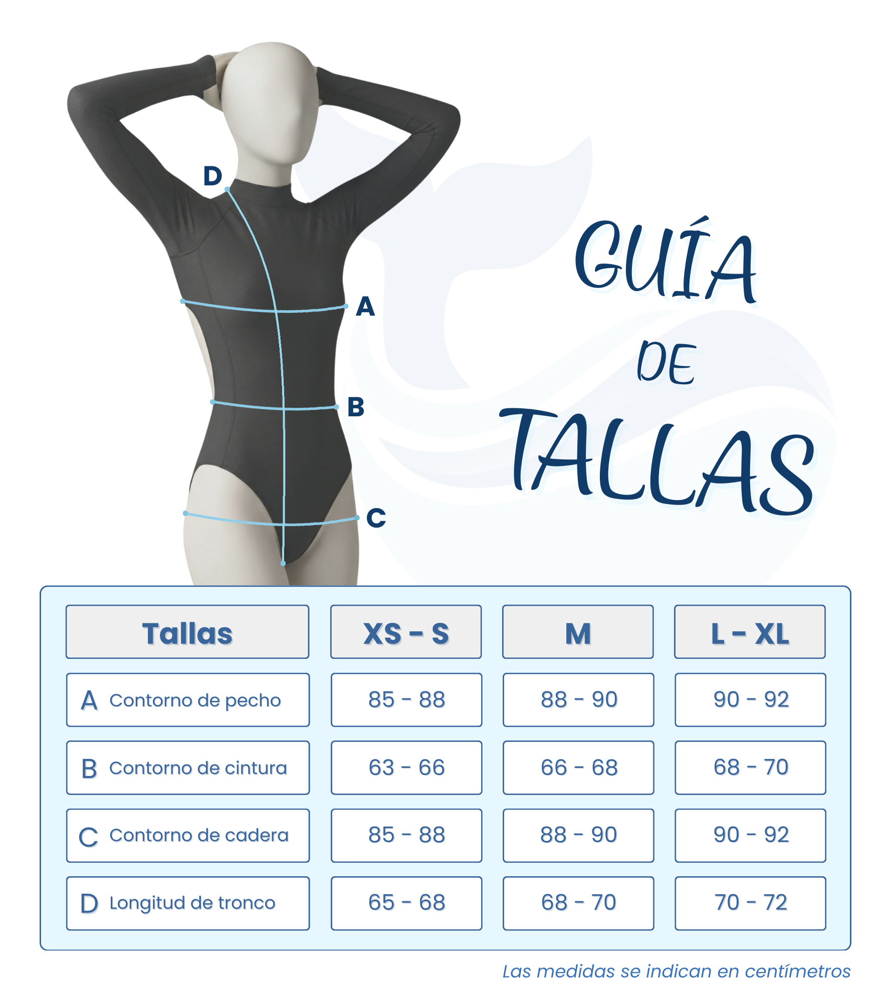 Guía de tallas del bañador de Antara Ocean, modelo espalda abierta.
Talla XS - S: Contorno de pecho (85-88); Contorno de cintura (63-66); Contorno de cadera (85-88); Longitud de tronco (65-68).
Talla M: Contorno de pecho (88-90); Contorno de cintura (66-68); Contorno de cadera (88-90); Longitud de tronco (68-70).
Talla L -  XL: Contorno de pecho (90-92); Contorno de cintura (68-70); Contorno de cadera (90-92); Longitud de tronco (70-72).